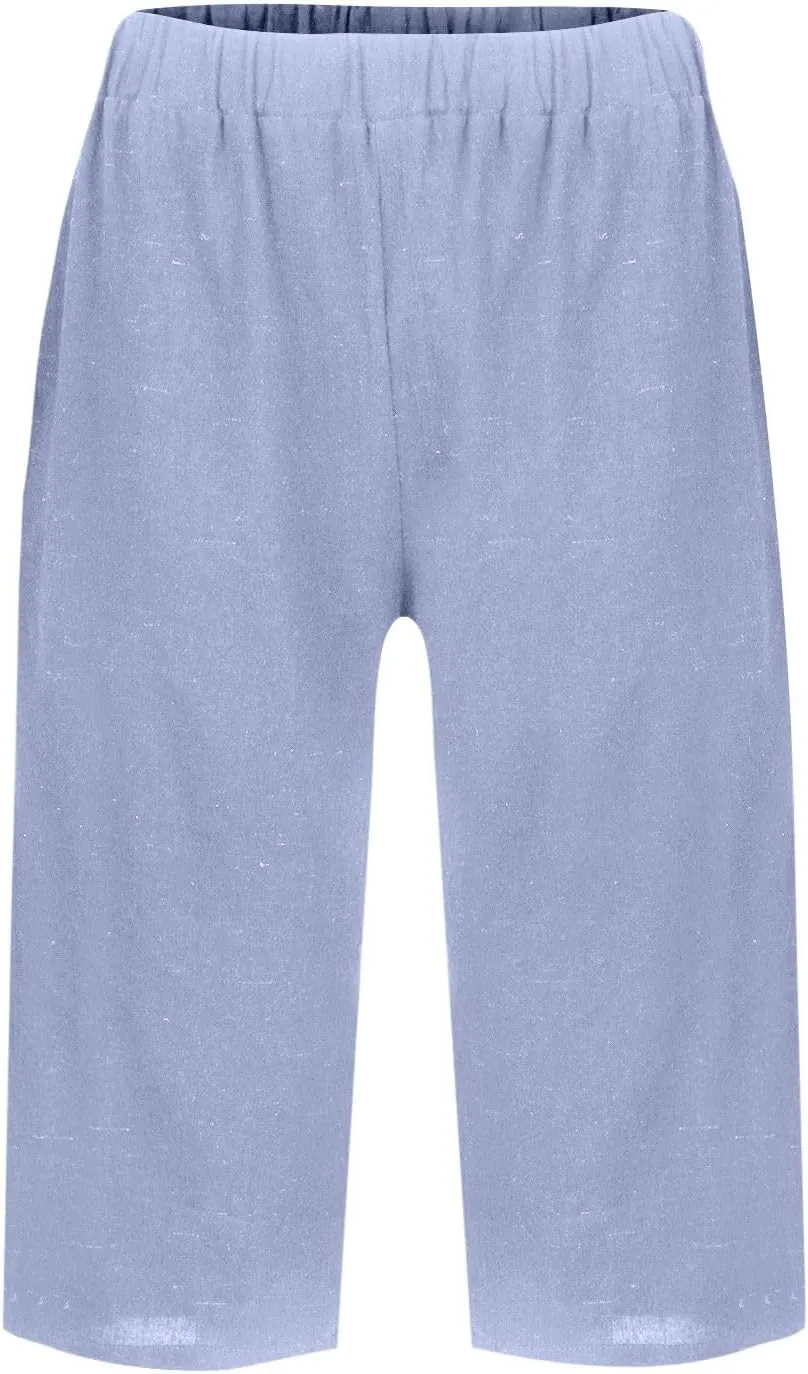 Womens Summer Cotton Linen Pants Casual Knee Length Capri Trousers Loose Beach Bermuda Shorts with Pockets