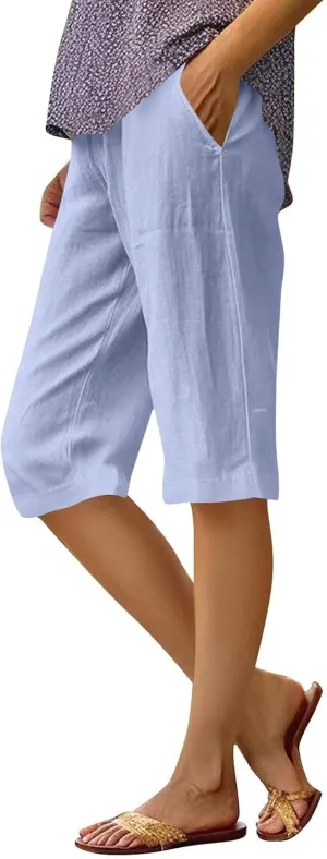 Womens Summer Cotton Linen Pants Casual Knee Length Capri Trousers Loose Beach Bermuda Shorts with Pockets