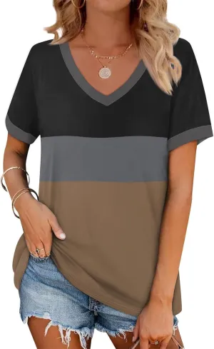 Womens Summer Tops Dressy Casual V Neck Short Sleeve Striped Color Block T Shirts Daily Going Out Blouses