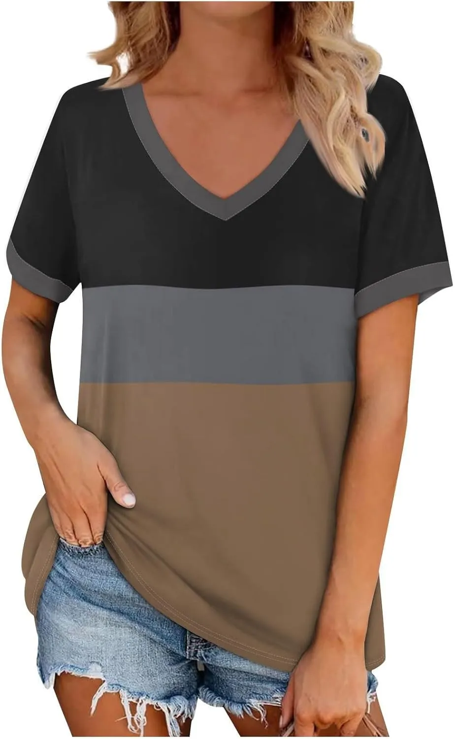 Womens Summer Tops Dressy Casual V Neck Short Sleeve Striped Color Block T Shirts Daily Going Out Blouses
