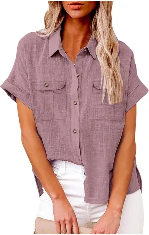 Womens Summer Tops V Neck Button Down Shirts Casual Trendy Business Basic Tees Ladies Daily Going Out Blouses