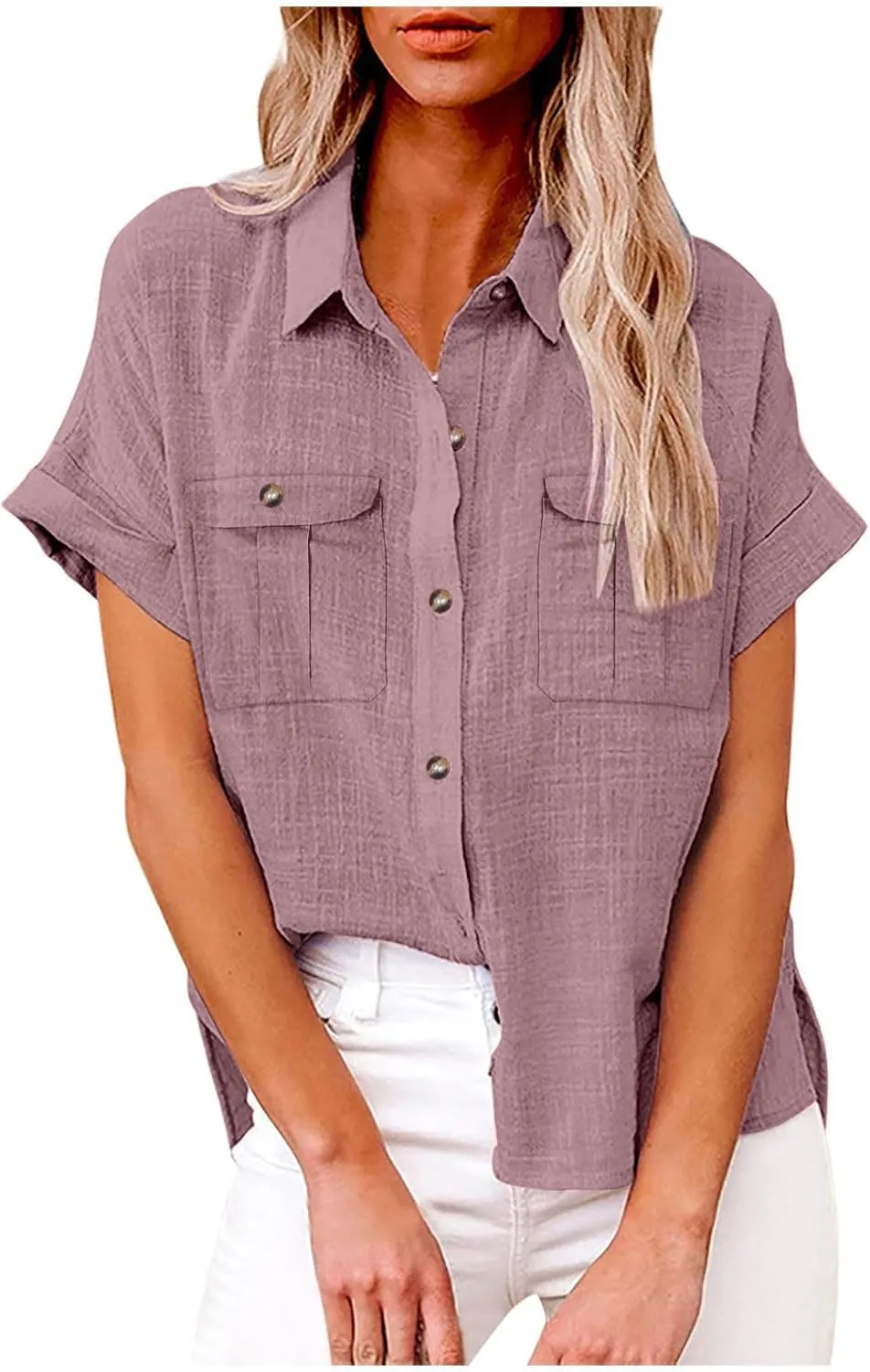 Womens Summer Tops V Neck Button Down Shirts Casual Trendy Business Basic Tees Ladies Daily Going Out Blouses
