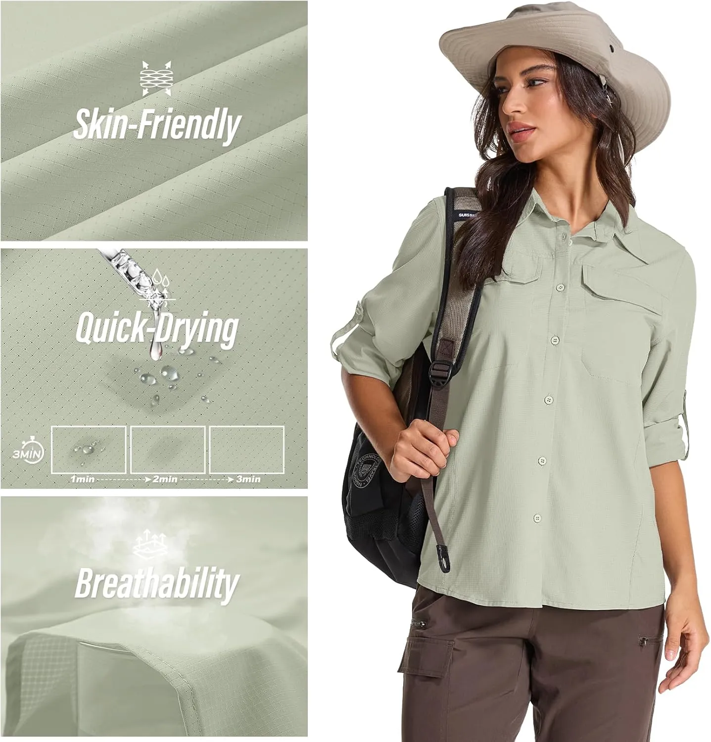 Womens Sun Protection Safari Shirts UPF 50  UV Long Sleeve Outdoor Cool Quick Dry Fishing Hiking Shirts