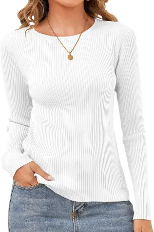 Womens Sweaters Pullover Long Sleeve Crewneck Shirts Ribbed Knit Sweater Slim Fitted Casual Jumper Tops