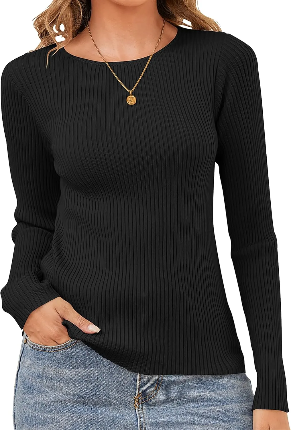 Womens Sweaters Pullover Long Sleeve Crewneck Shirts Ribbed Knit Sweater Slim Fitted Casual Jumper Tops