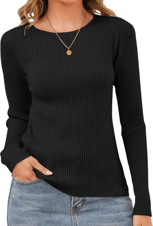 Womens Sweaters Pullover Long Sleeve Crewneck Shirts Ribbed Knit Sweater Slim Fitted Casual Jumper Tops