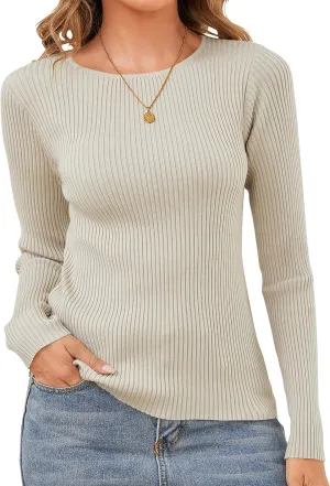 Womens Sweaters Pullover Long Sleeve Crewneck Shirts Ribbed Knit Sweater Slim Fitted Casual Jumper Tops