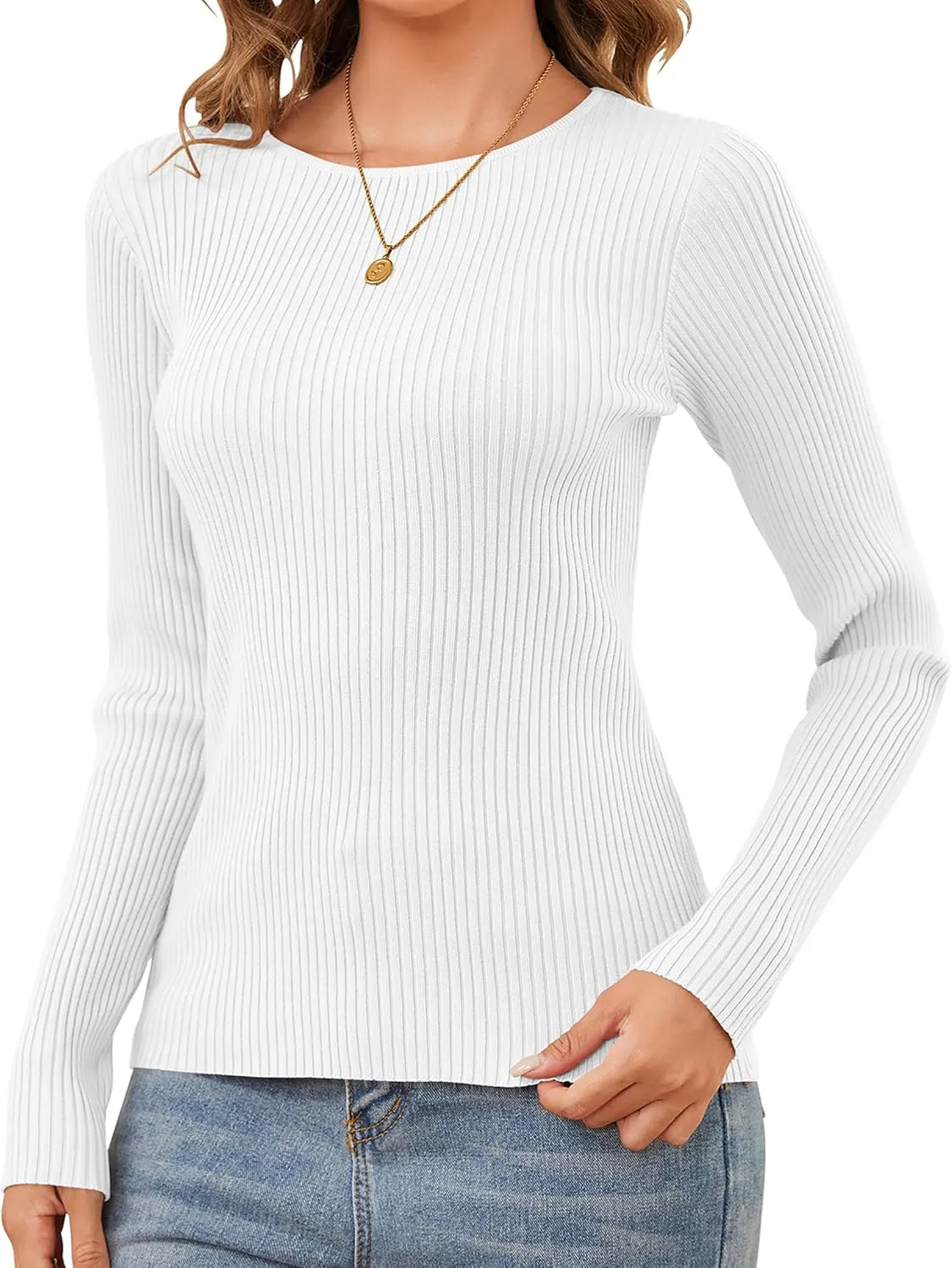 Womens Sweaters Pullover Long Sleeve Crewneck Shirts Ribbed Knit Sweater Slim Fitted Casual Jumper Tops