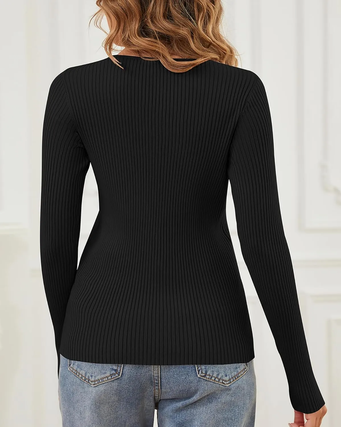 Womens Sweaters Pullover Long Sleeve Crewneck Shirts Ribbed Knit Sweater Slim Fitted Casual Jumper Tops