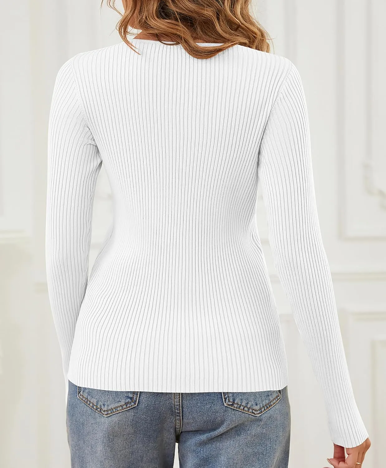 Womens Sweaters Pullover Long Sleeve Crewneck Shirts Ribbed Knit Sweater Slim Fitted Casual Jumper Tops