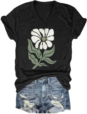 Women's T-Shirts V-Neck Boho Flowers Wildflowers Tee Cute Summer Graphic Shirts Short Sleeve T Shirt