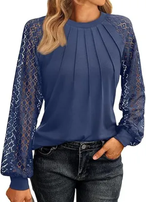 Womens Tops Dressy Business Casual Blouses Cute Soft Lace Shirts Long Sleeve Crew Neck Work Shirts Fall Clothes
