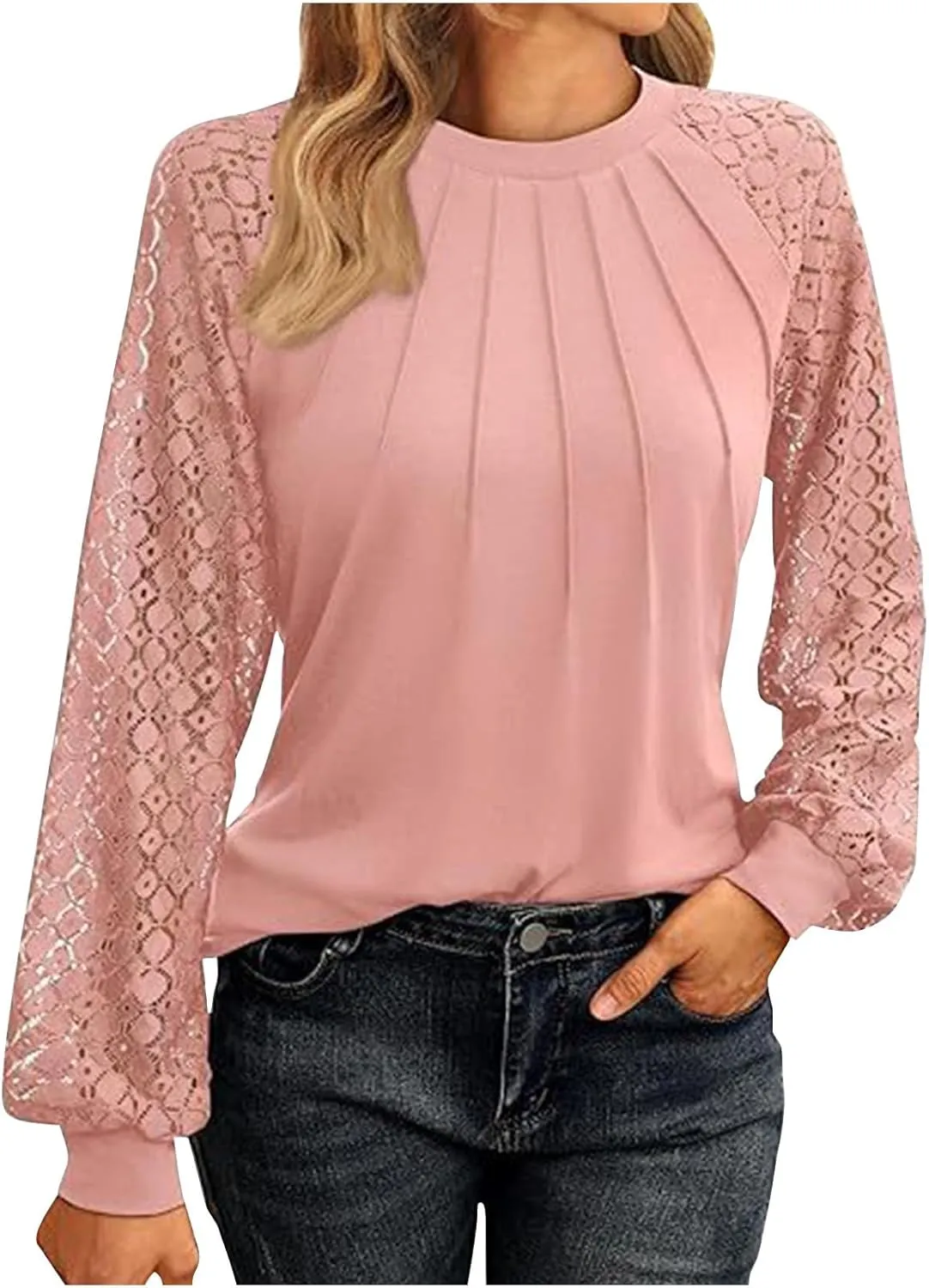 Womens Tops Dressy Business Casual Blouses Cute Soft Lace Shirts Long Sleeve Crew Neck Work Shirts Fall Clothes