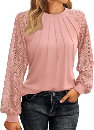 Womens Tops Dressy Business Casual Blouses Cute Soft Lace Shirts Long Sleeve Crew Neck Work Shirts Fall Clothes