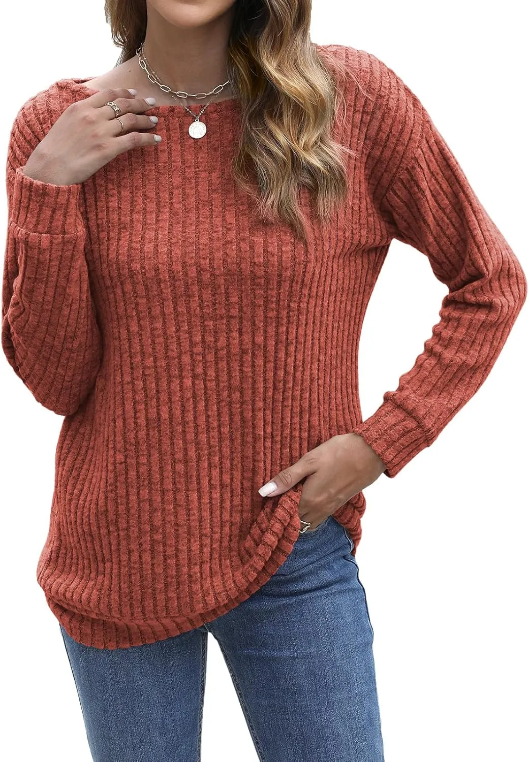 Womens Tops Sweaters Ladies Tunics Casual Long Sleeve Shirts Blouses Tees Dressy Casual Clothing Boat Neck Fashion 2025