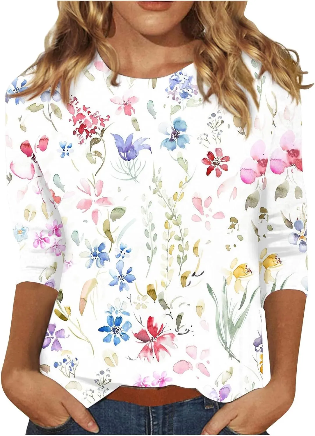 Womens Tops Trendy Summer 3/4 Sleeve Shirts Casual Floral Print Blouses Round Neck Cute Tunic Tops Plus Size S-5XL