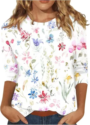 Womens Tops Trendy Summer 3/4 Sleeve Shirts Casual Floral Print Blouses Round Neck Cute Tunic Tops Plus Size S-5XL