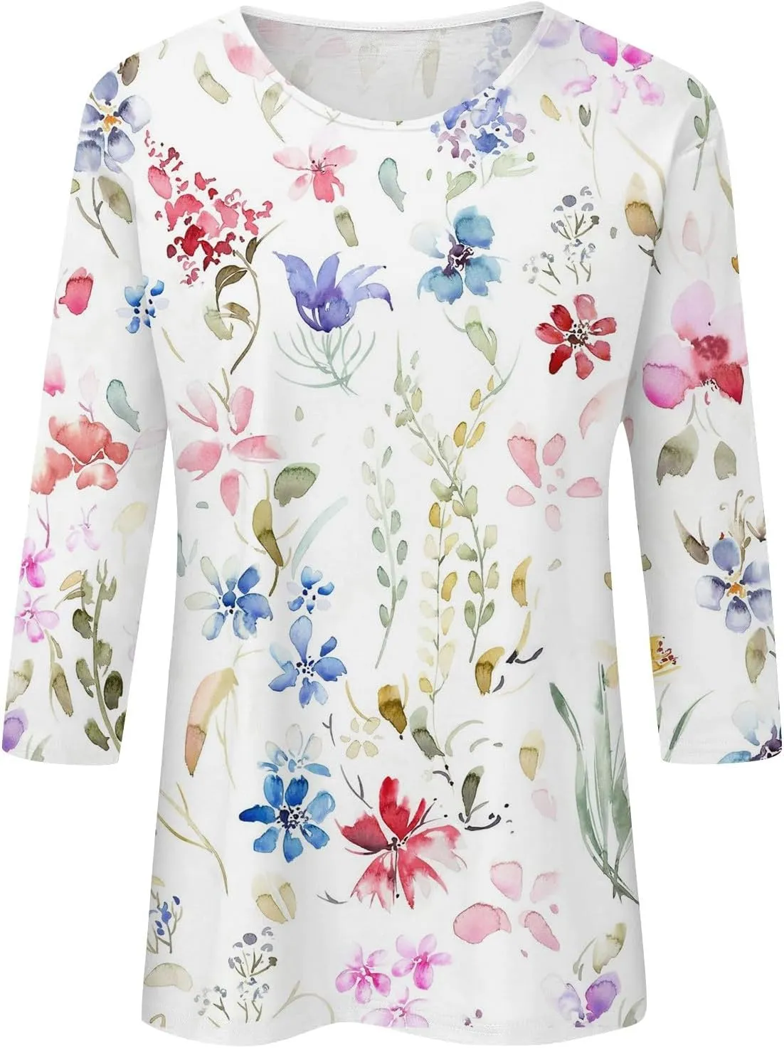 Womens Tops Trendy Summer 3/4 Sleeve Shirts Casual Floral Print Blouses Round Neck Cute Tunic Tops Plus Size S-5XL