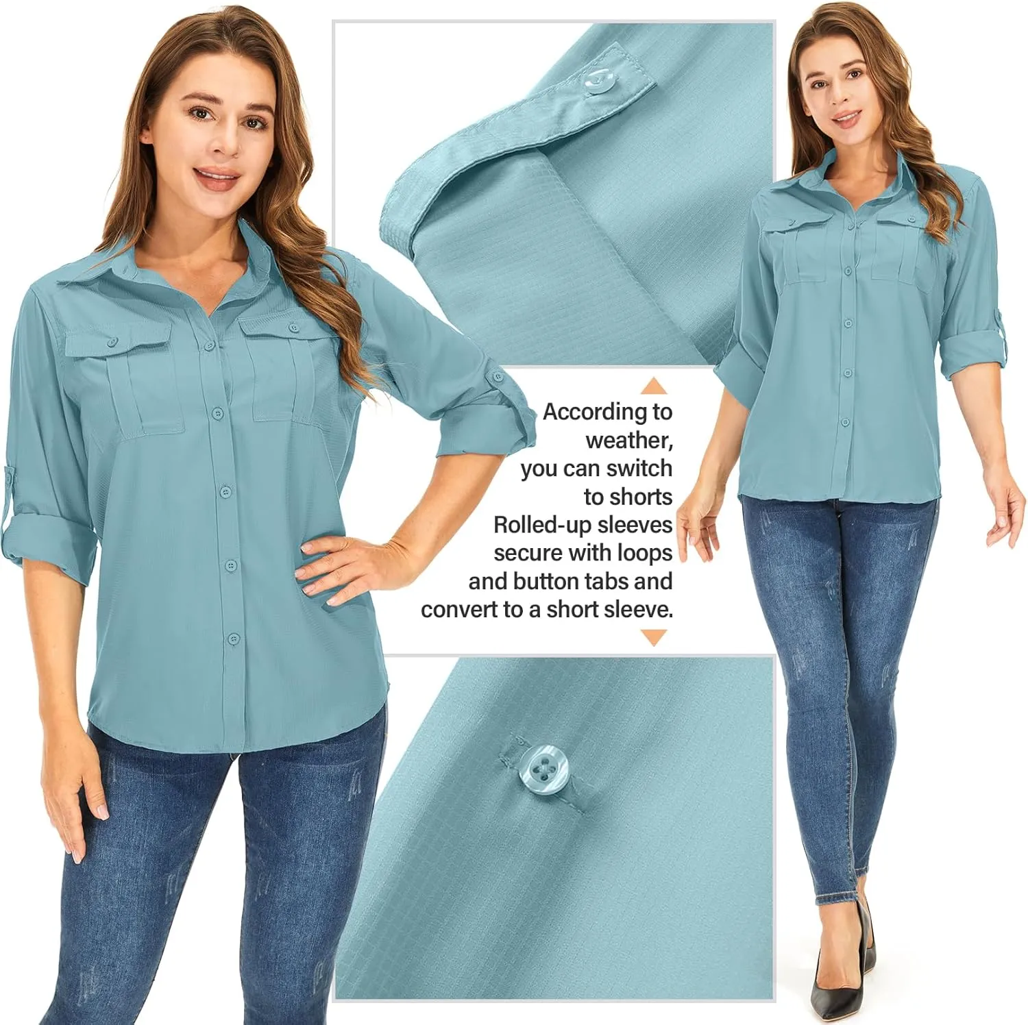 Women's UPF 50  UV Sun Protection Long Sleeve Safari Shirts Outdoor Quick Dry Fishing Hiking Travel Shirts