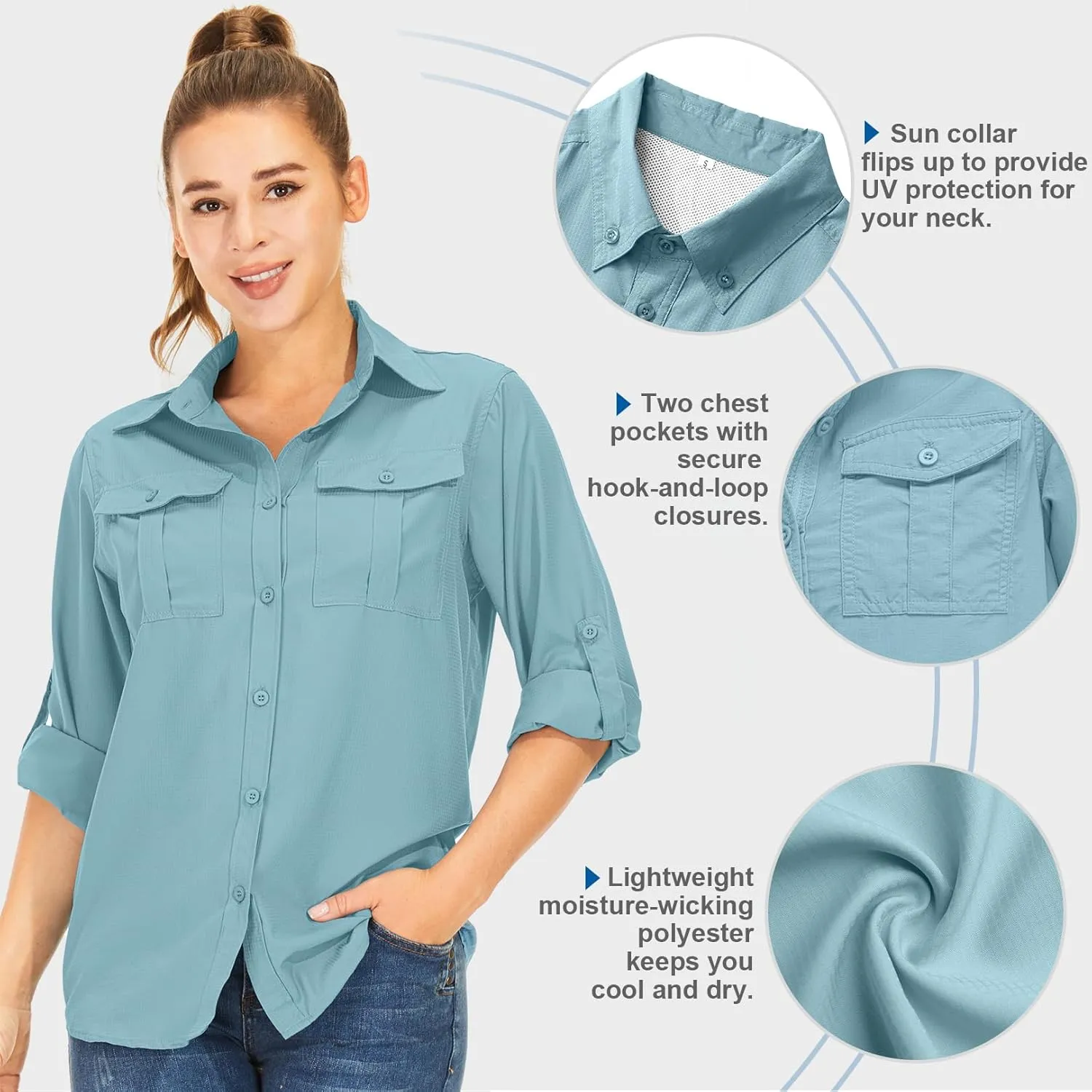 Women's UPF 50  UV Sun Protection Long Sleeve Safari Shirts Outdoor Quick Dry Fishing Hiking Travel Shirts