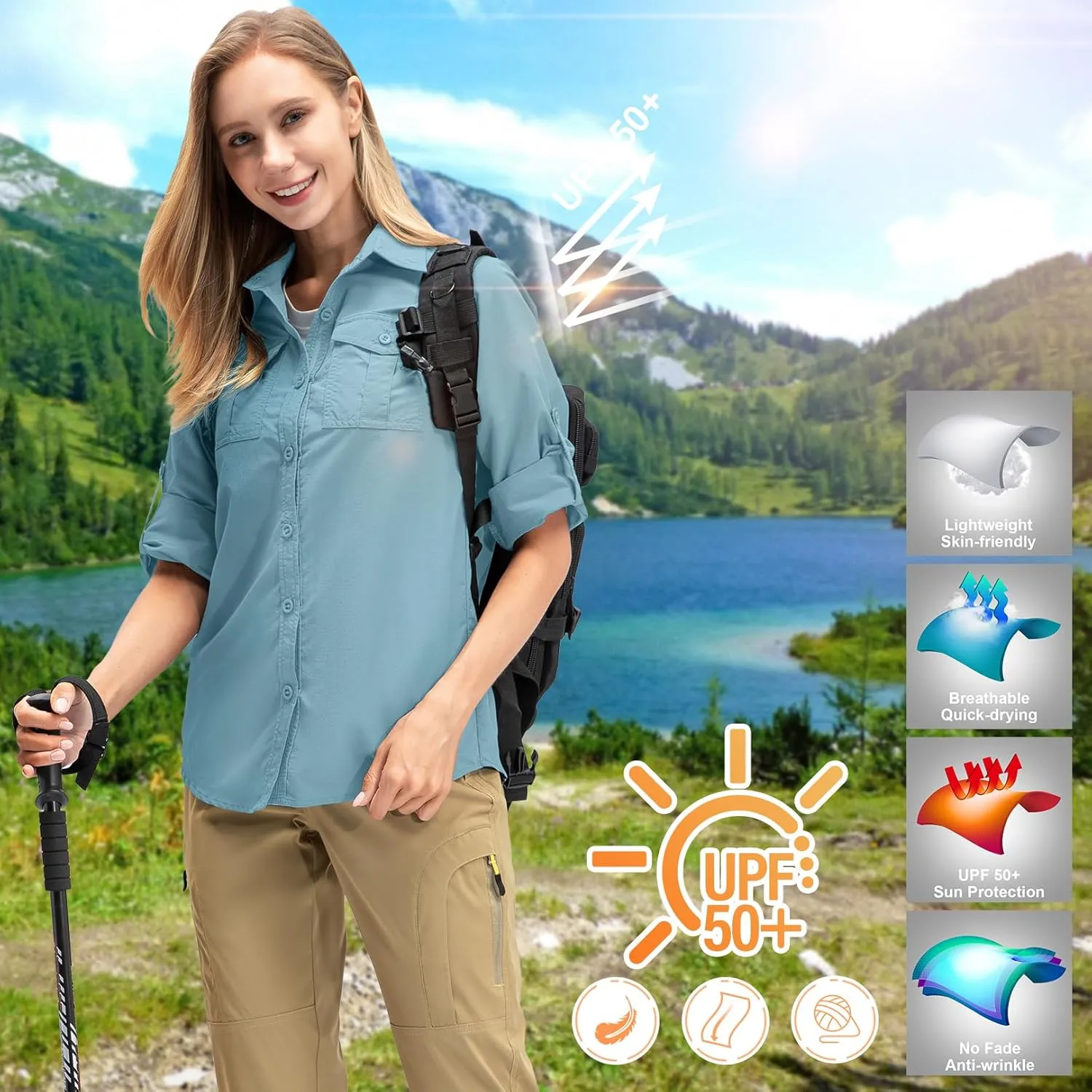 Women's UPF 50  UV Sun Protection Long Sleeve Safari Shirts Outdoor Quick Dry Fishing Hiking Travel Shirts