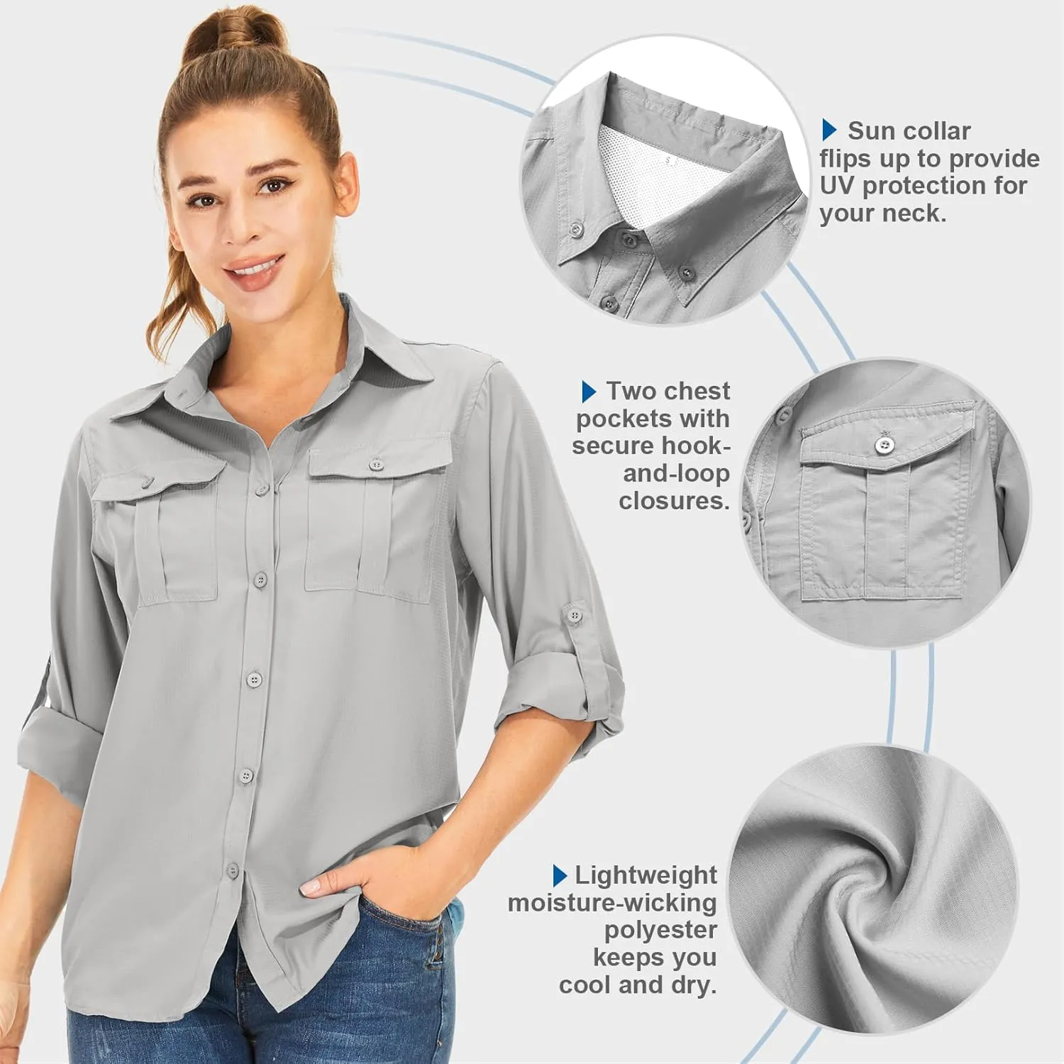 Women's UPF 50  UV Sun Protection Long Sleeve Safari Shirts Outdoor Quick Dry Fishing Hiking Travel Shirts