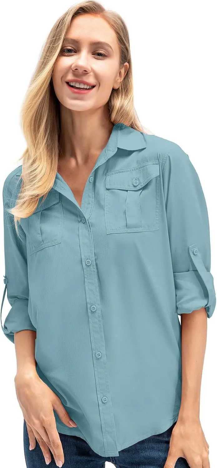Women's UPF 50  UV Sun Protection Long Sleeve Safari Shirts Outdoor Quick Dry Fishing Hiking Travel Shirts