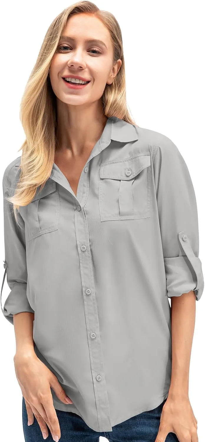 Women's UPF 50  UV Sun Protection Long Sleeve Safari Shirts Outdoor Quick Dry Fishing Hiking Travel Shirts