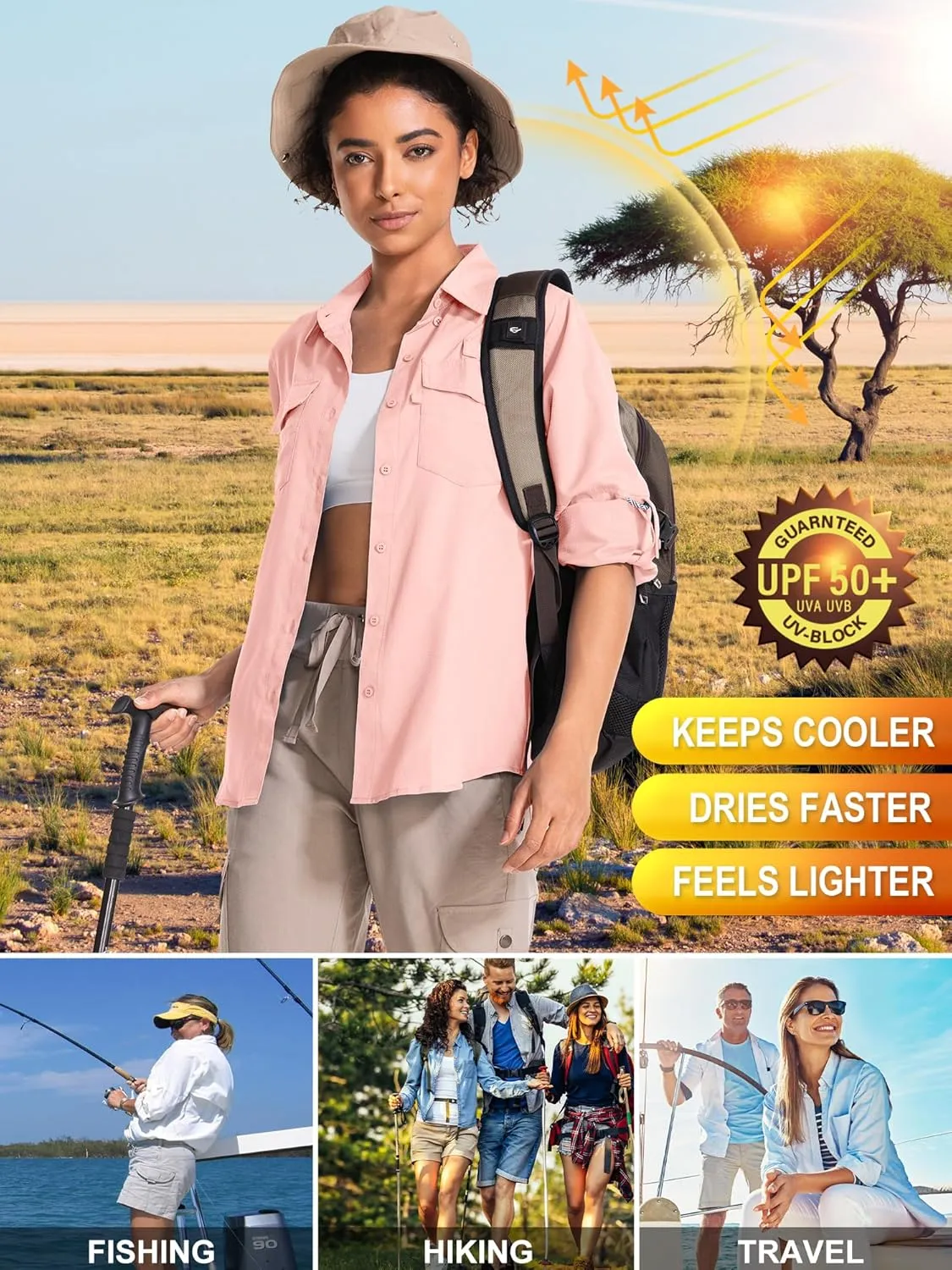 Women's UPF 50 UV Sun Protection Long Sleeve Safari Shirts Quick Dry Hiking Travel Fishing Outdoor Cool Shirts
