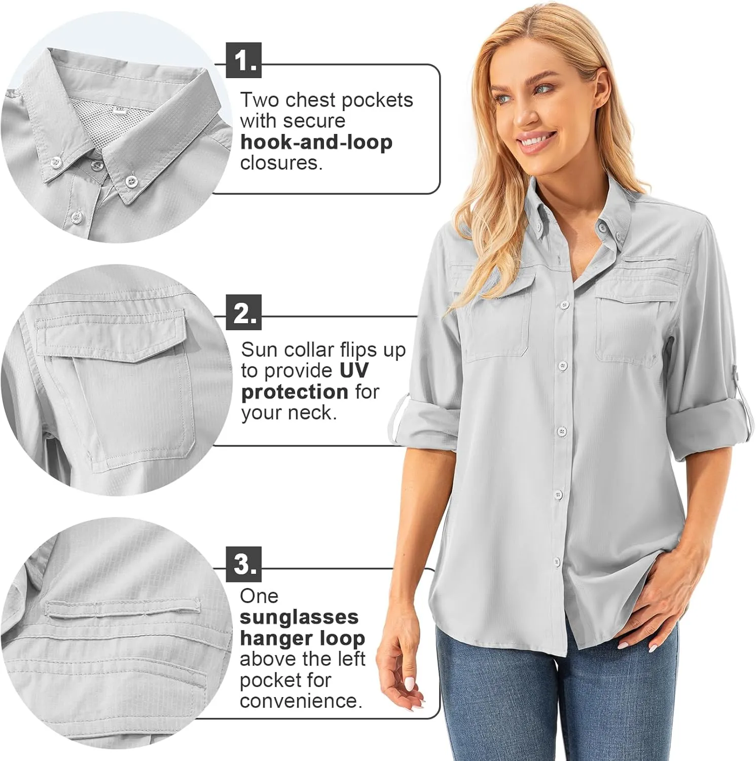 Womens UPF 50  UV Sun Protection Safari Shirts Long Sleeve Outdoor Cool Quick Dry Fishing Hiking Gardening Shirts