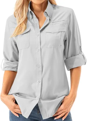 Womens UPF 50  UV Sun Protection Safari Shirts Long Sleeve Outdoor Cool Quick Dry Fishing Hiking Gardening Shirts