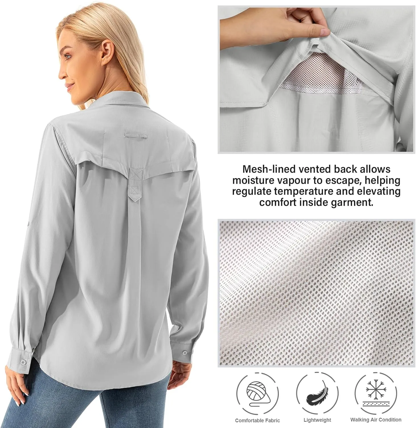 Womens UPF 50  UV Sun Protection Safari Shirts Long Sleeve Outdoor Cool Quick Dry Fishing Hiking Gardening Shirts