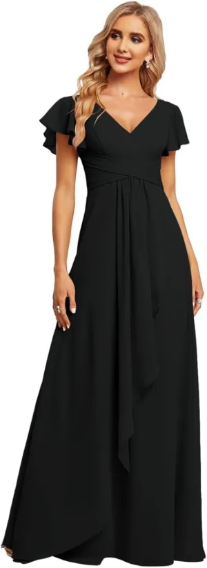 Women's V Neck Chiffon Bridesmaid Dresses Flutter Sleeve Ruffled A-Line Formal Maxi Dress R047
