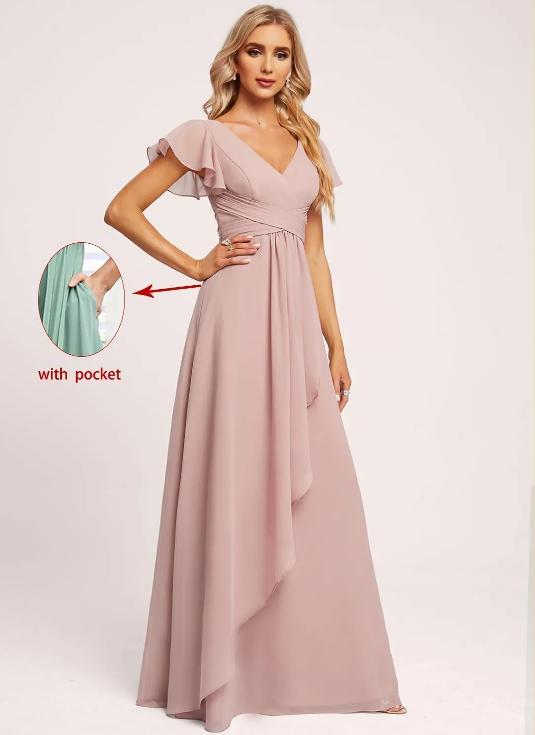 Women's V Neck Chiffon Bridesmaid Dresses Flutter Sleeve Ruffled A-Line Formal Maxi Dress R047