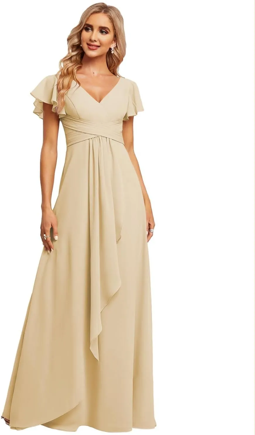 Women's V Neck Chiffon Bridesmaid Dresses Flutter Sleeve Ruffled A-Line Formal Maxi Dress R047