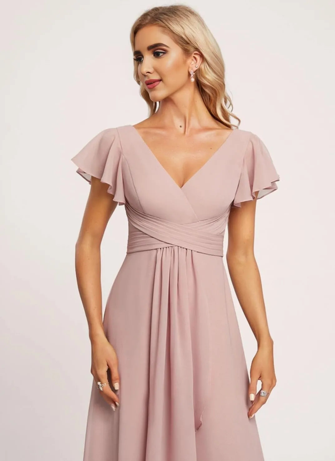 Women's V Neck Chiffon Bridesmaid Dresses Flutter Sleeve Ruffled A-Line Formal Maxi Dress R047
