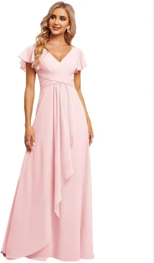 Women's V Neck Chiffon Bridesmaid Dresses Flutter Sleeve Ruffled A-Line Formal Maxi Dress R047