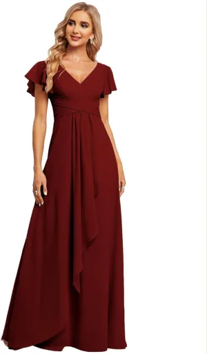 Women's V Neck Chiffon Bridesmaid Dresses Flutter Sleeve Ruffled A-Line Formal Maxi Dress R047
