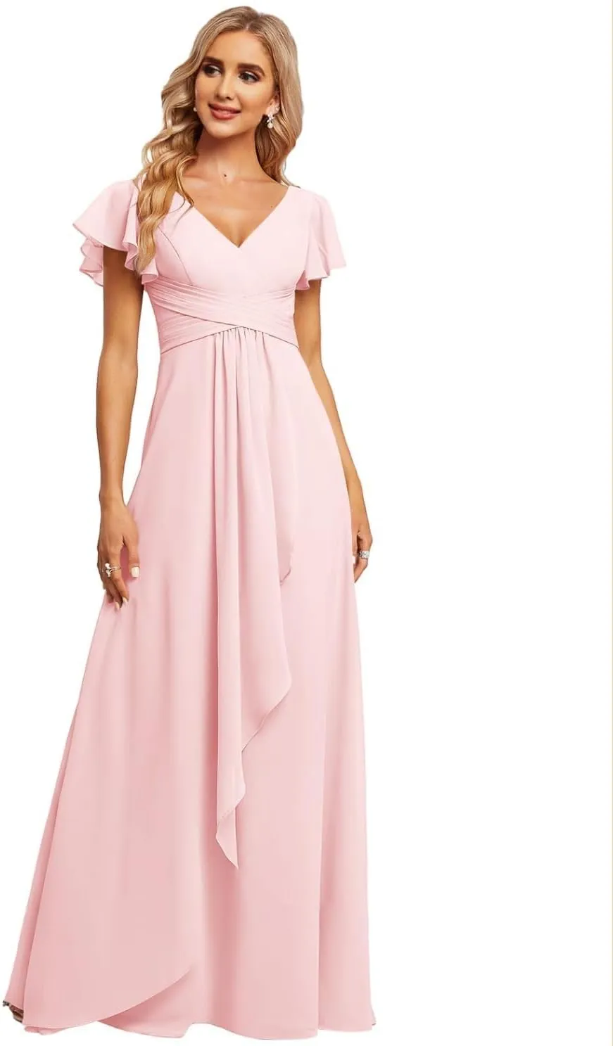 Women's V Neck Chiffon Bridesmaid Dresses Flutter Sleeve Ruffled A-Line Formal Maxi Dress R047