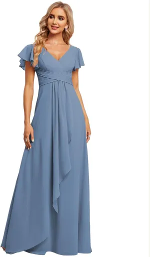 Women's V Neck Chiffon Bridesmaid Dresses Flutter Sleeve Ruffled A-Line Formal Maxi Dress R047