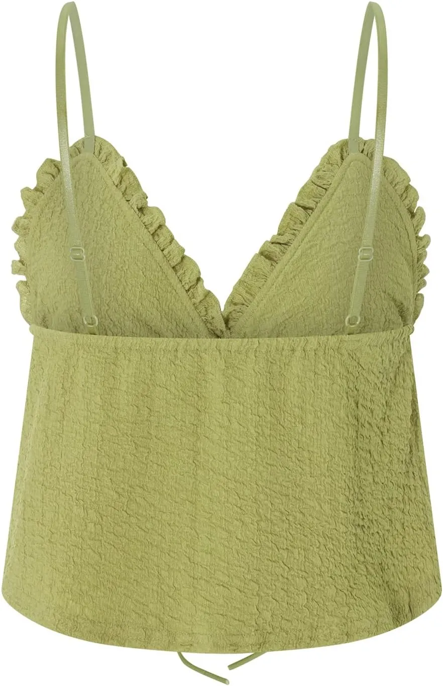 Women's Y2k Tank Tops V Neck Ruched Front Tie Up Camisole Solid Color Ruffle Backless Summer Vest Tops Streetwear