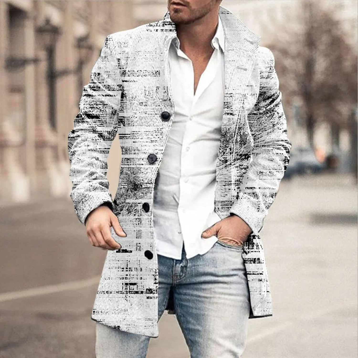 Wool Blend Trench Coat Men Notched Collar Plaid Single Breasted Pea Coats Slim Fit Warm Winter Jackets Big and Tall