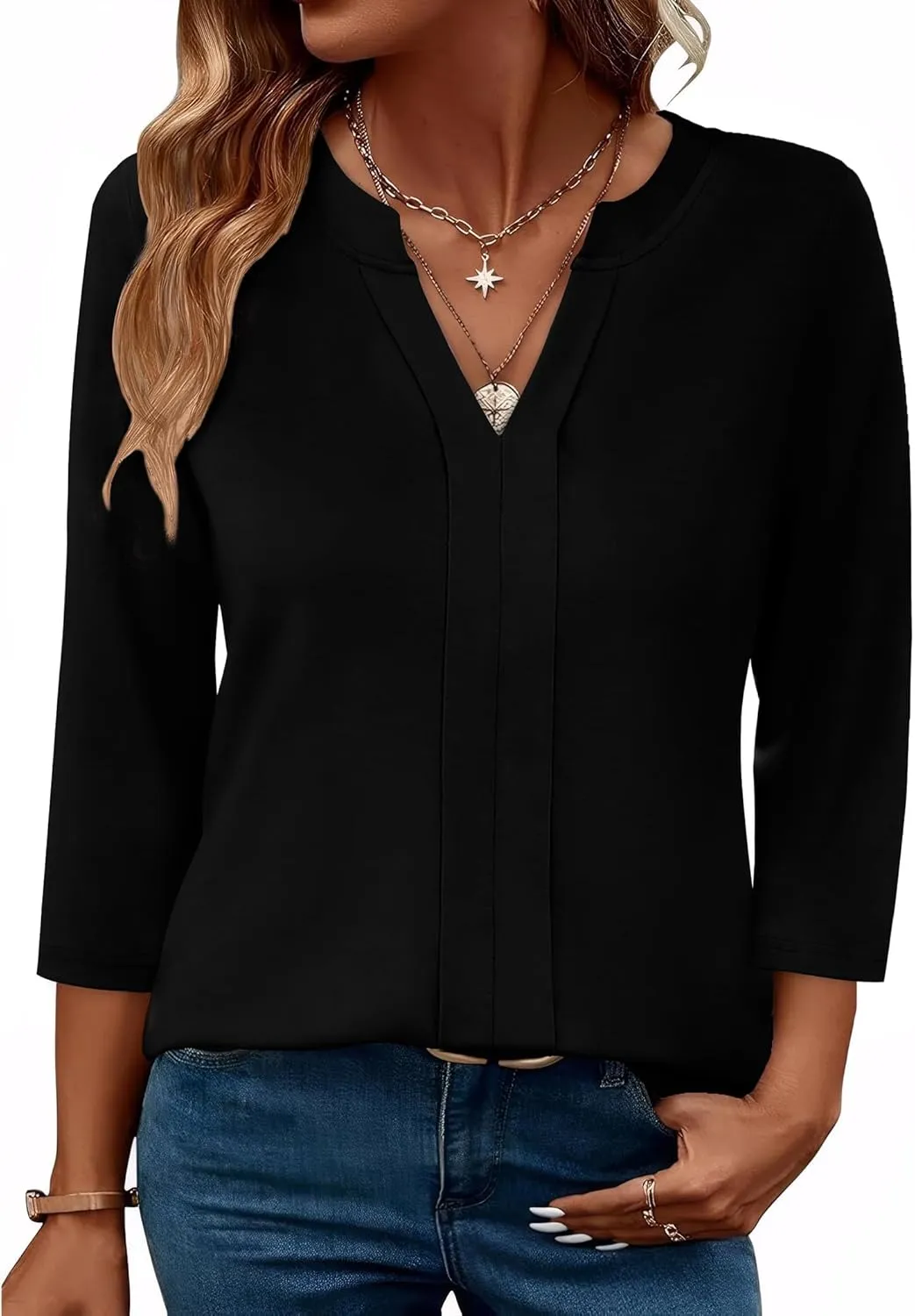 XIEERDUO 3/4 Length Sleeve Womens Tops V Neck Pleated Work Blouses Dressy Casual Summer Tops 2025 Trendy