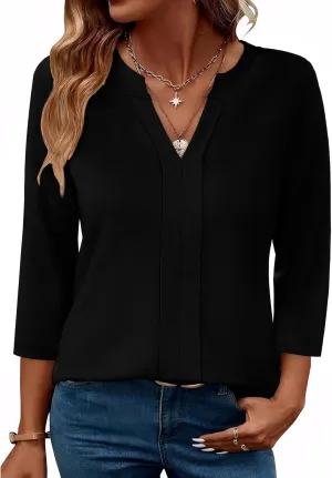 XIEERDUO 3/4 Length Sleeve Womens Tops V Neck Pleated Work Blouses Dressy Casual Summer Tops 2025 Trendy