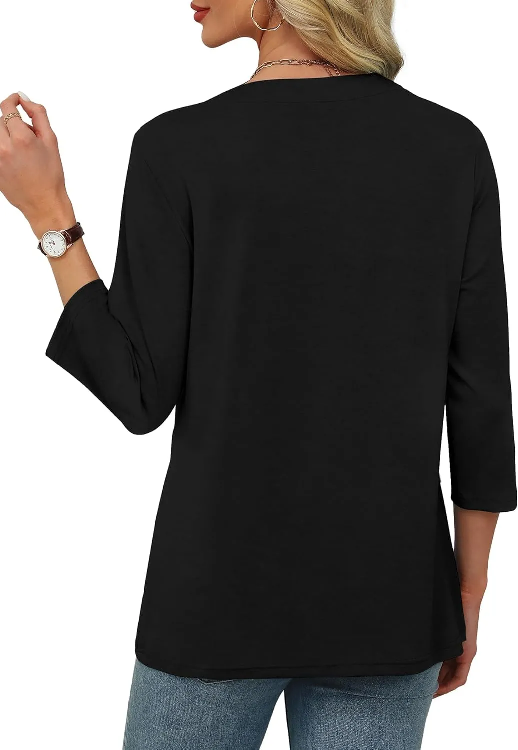 XIEERDUO 3/4 Length Sleeve Womens Tops V Neck Pleated Work Blouses Dressy Casual Summer Tops 2025 Trendy