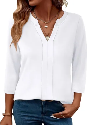 XIEERDUO 3/4 Length Sleeve Womens Tops V Neck Pleated Work Blouses Dressy Casual Summer Tops 2025 Trendy