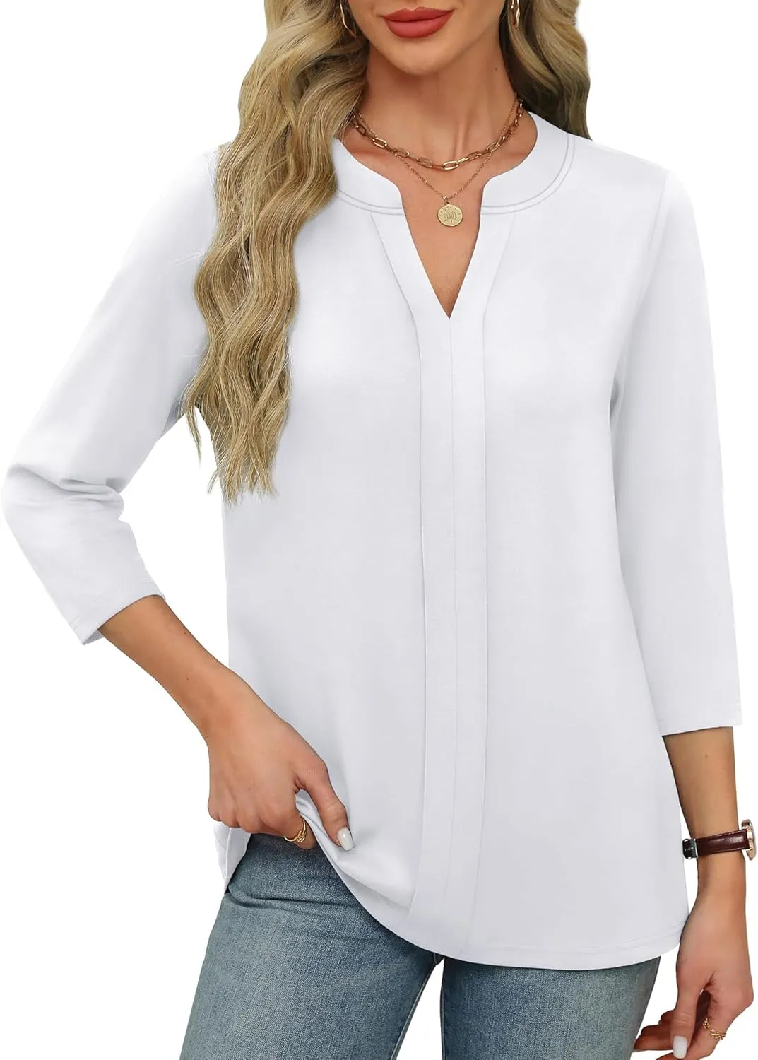 XIEERDUO 3/4 Length Sleeve Womens Tops V Neck Pleated Work Blouses Dressy Casual Summer Tops 2025 Trendy