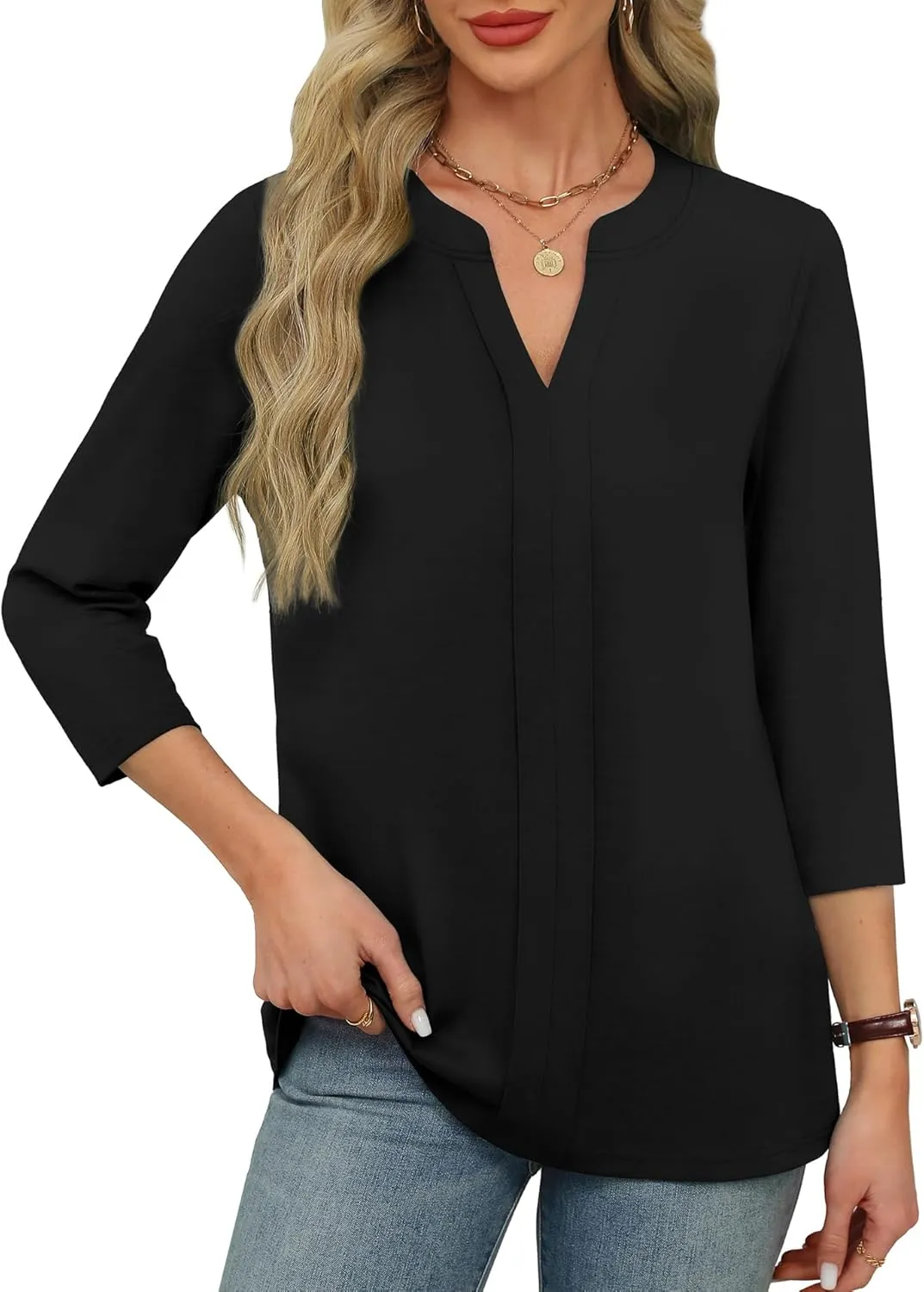 XIEERDUO 3/4 Length Sleeve Womens Tops V Neck Pleated Work Blouses Dressy Casual Summer Tops 2025 Trendy