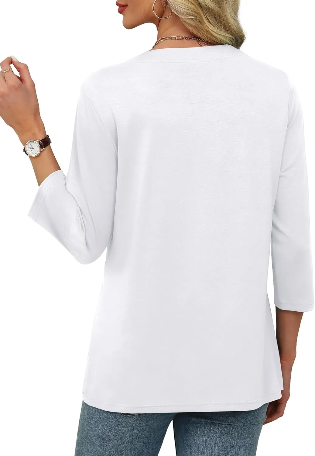 XIEERDUO 3/4 Length Sleeve Womens Tops V Neck Pleated Work Blouses Dressy Casual Summer Tops 2025 Trendy