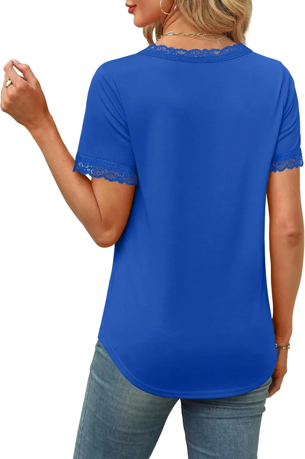 XIEERDUO V Neck T Shirts for Women Lace Sleeve Ladies Tops and Blouses Summer Outfits Basic Tee